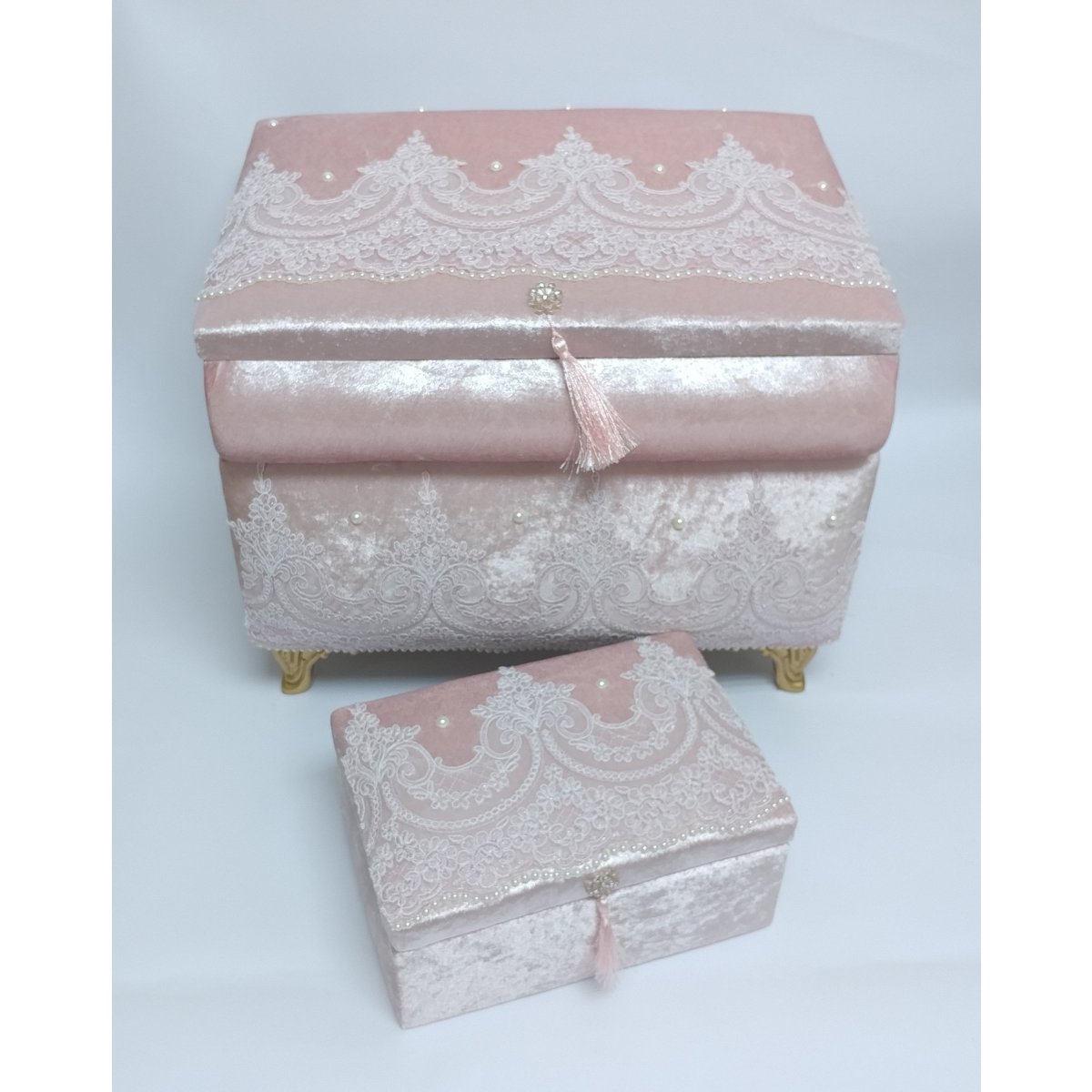 ÇEYİZ STORE İKİ KATLI DANTELLİ ÇEYİZ SANDIĞI PUDRA